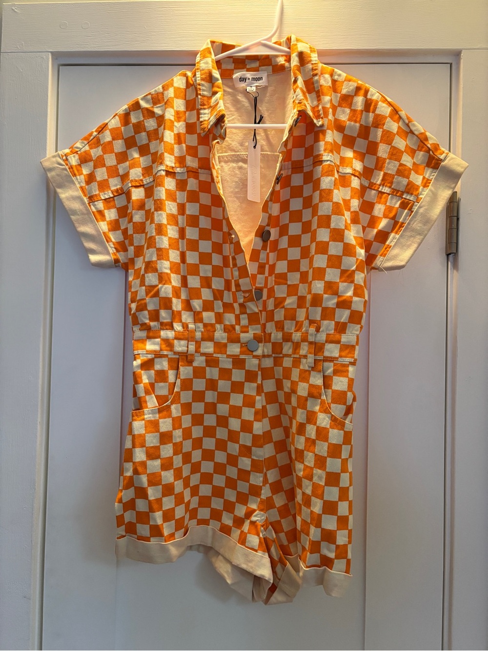 day + moon Orange Checkered Short Jumpsuit
